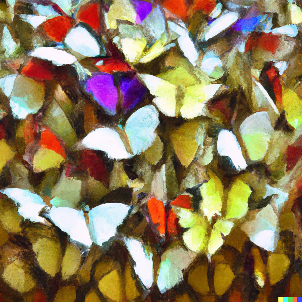 Illustration d'une multitude de papillons colorés dans un style peinture à l'huile