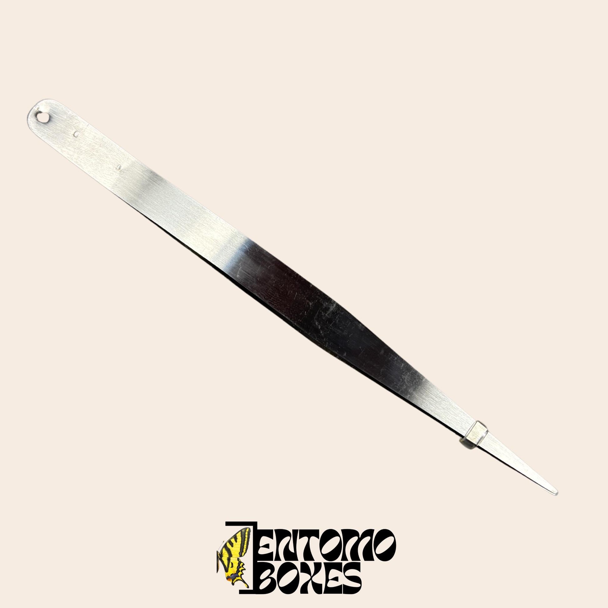 Soft metal entomological forceps, 15cm length, full view showing straight tips for handling butterfly and moth wings